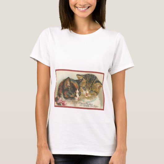 かわいいビンテージ クリスマス 猫 Tシャツ (正面)