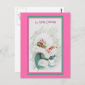 かわいいビンテージ ピンクとグリーンのクリスマス グリーティング ポストカード (正面/裏面)