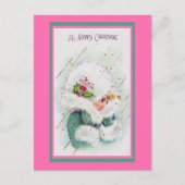 かわいいビンテージ ピンクとグリーンのクリスマス グリーティング ポストカード (正面)