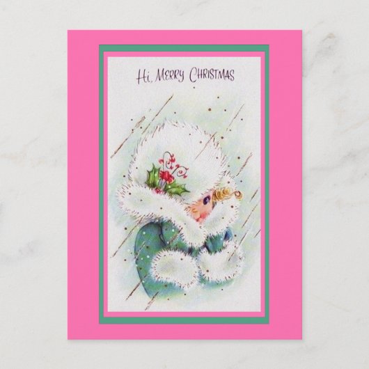 かわいいビンテージ ピンクとグリーンのクリスマス グリーティング ポストカード (正面)