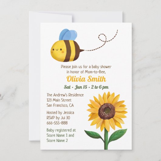 かわいいビーとひまわりベビーシャワー招待状 招待状 (正面)
