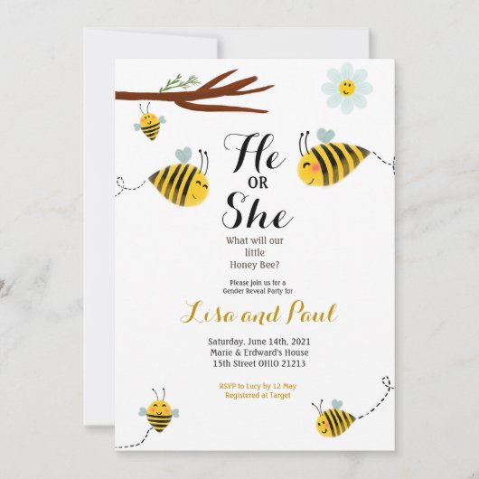 かわいいビーと彼女のジェンダー発表招待状 招待状 (正面)