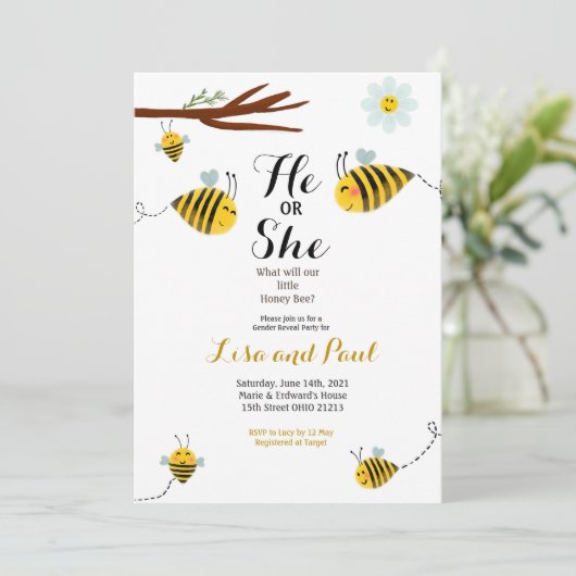 かわいいビーと彼女のジェンダー発表招待状 招待状 (スタンド正面)