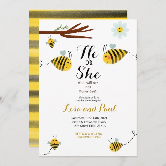 かわいいビーと彼女のジェンダー発表招待状 招待状 (正面/裏面)