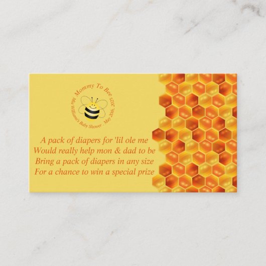 かわいいビーをテーマにした赤ちゃんシャワーおむつラッフルカード エンクロージャーカード (正面)