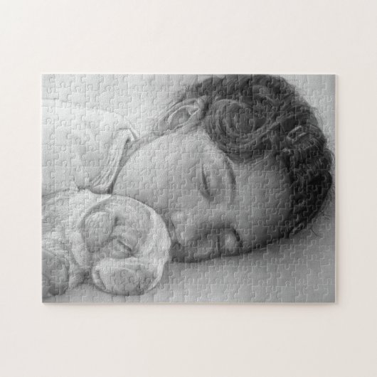 かわいいビーグルの子犬と甘い眠る小さな女の子 ジグソーパズル (横)