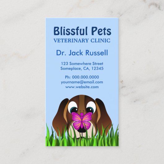 かわいいビーグルの子犬と蝶の獣医 名刺 (正面)