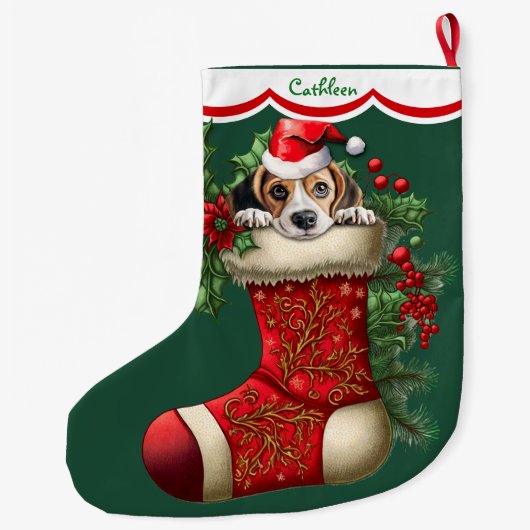 かわいいビーグルの子犬のぞき ラージクリスマスストッキング (裏面)