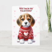 かわいいビーグルの子犬のセーターのバレンタイン シーズンカード (正面)