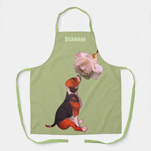 かわいいビーグルの子犬の白いバラパーソナライズされた動物 エプロン (正面)