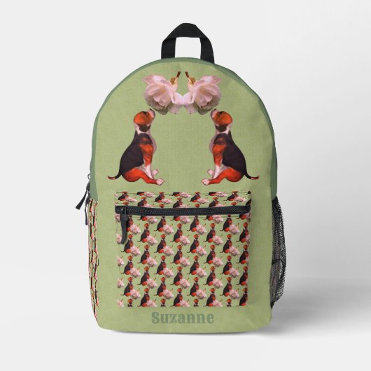 かわいいビーグルの子犬の白いバラパーソナライズされた動物 プリントバックパック (正面)