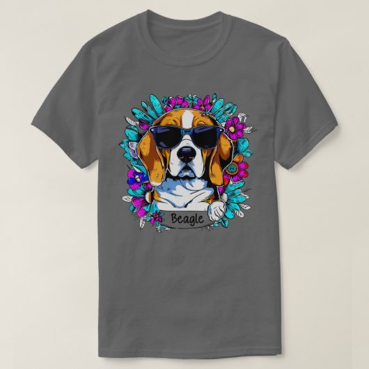 かわいいビーグルの犬と花 Tシャツ (デザイン正面)