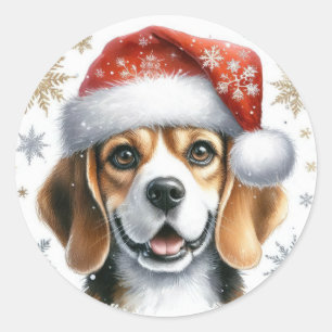 かわいいビーグルサンタ帽子ドッグラバークリスマス ラウンドシール