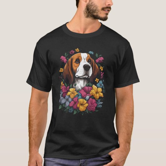 かわいいビーグルフラワーブーケ Tシャツ (正面)