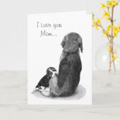 かわいいビーグル子犬がママに抱っこされて カード (黄色い花)