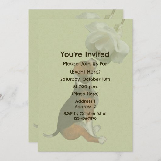 かわいいビーグル子犬 白いバラ 動物パーティー 招待状 (正面/裏面)