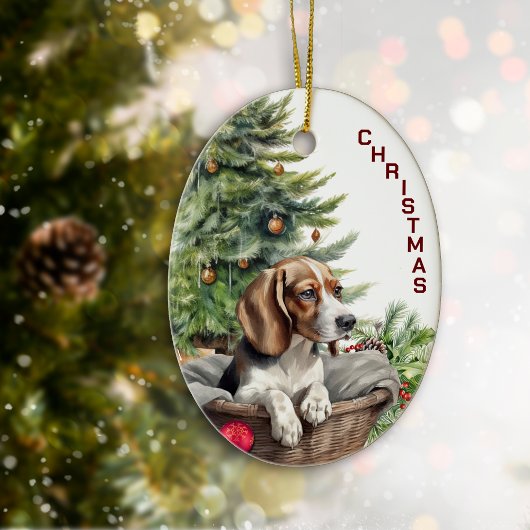 かわいいビーグル犬のウィッカーバスケットクリスマス セラミックオーナメント