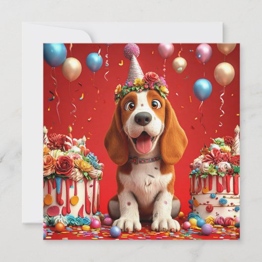 かわいいビーグル犬の誕生日お祝い 招待状 (正面)