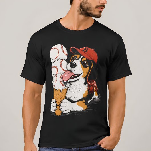 かわいいビーグル犬の野球アイスクリームコーン グラフィック Tシャツ