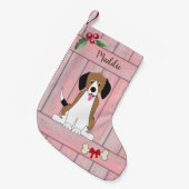かわいいビーグル犬ガールピンク木製モノグラム スモールクリスマスストッキング (正面 (吊り時))