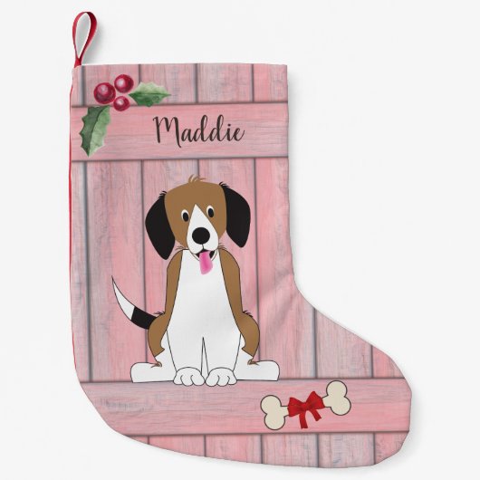 かわいいビーグル犬ガールピンク木製モノグラム スモールクリスマスストッキング (正面)