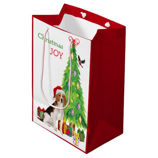 かわいいビーグル犬サンタハットとクリスマスツリー ミディアムペーパーバッグ (正面アングル)