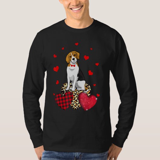 かわいいビーグル1ヒョウ赤い格子柄のハートアイディア Tシャツ (正面)