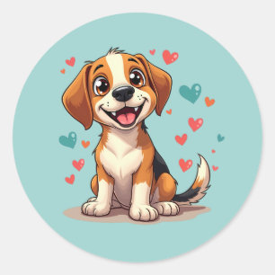 かわいいビーグル+ハート+遊び心のある犬 ラウンドシール