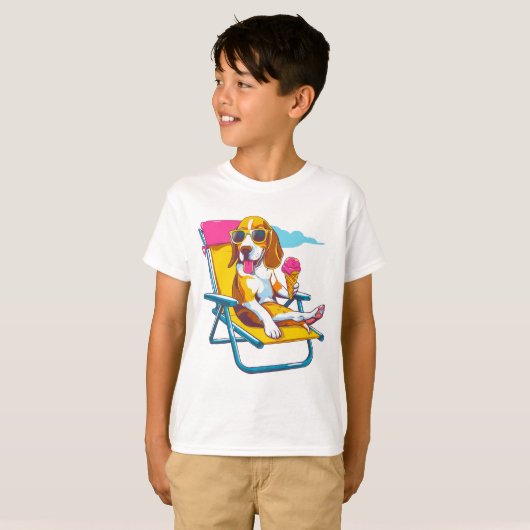 かわいいビーグル 夏の気分 | 楽しい子供たち Tシャツ (正面フル)