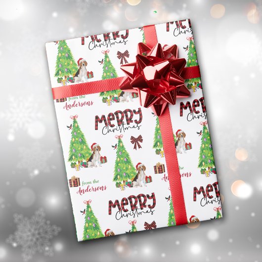 かわいいビーグル、鳥とクリスマスツリー ラッピングペーパー