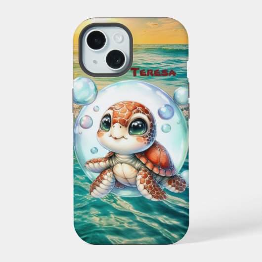 かわいいビーチのウミガメ iPhone 15ケース (裏面)