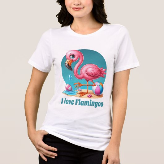 かわいいビーチのピンクのフラミンゴ好き トライブレンドＴシャツ (正面)