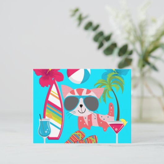 かわいいビーチの子猫のサングラスビーチボール ポストカード (スタンド正面)