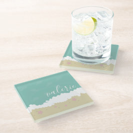 かわいいビーチウェーブピンク貝スクリプト ガラスコースター