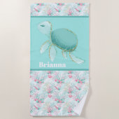 かわいいビーチウミガメ名を追加 ビーチタオル (正面)