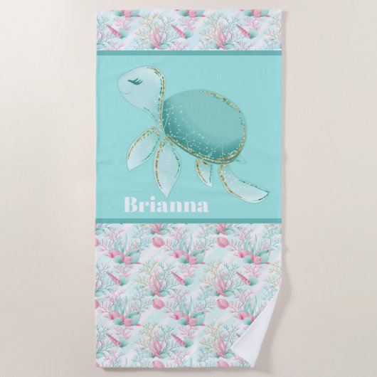 かわいいビーチウミガメ名を追加 ビーチタオル (正面)