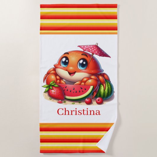 かわいいビーチカニ追加文字 ビーチタオル (正面)