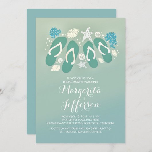かわいいビーチサンダルのビーチのブライダルシャワーの招待 招待状 (正面/裏面)