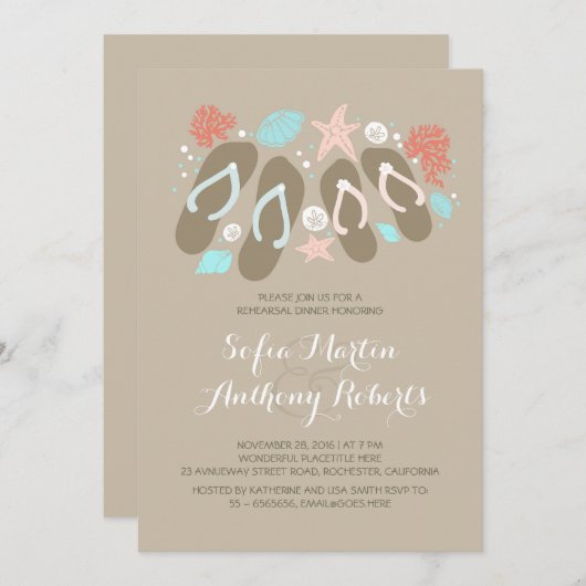 かわいいビーチサンダルビーチリハーサルディナー招待状 招待状 (正面/裏面)