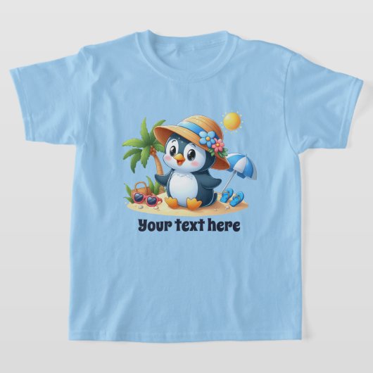 かわいいビーチペンギン追加文字女の子 Tシャツ (レイダウン)