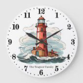 かわいいビーチ灯台の恋人の名前を追加 ラージ壁時計 (正面)
