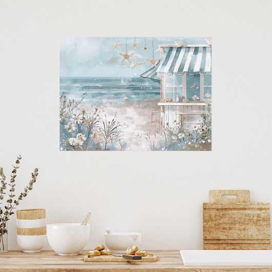 かわいいビーチ風景イラストレーション水彩スタイル ポスター (キッチン)