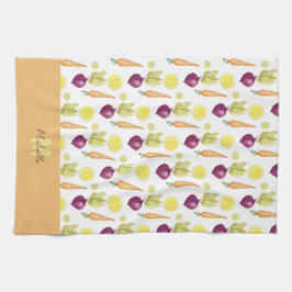 かわいいビーツレモンとニンジンの水彩模様 キッチンタオル