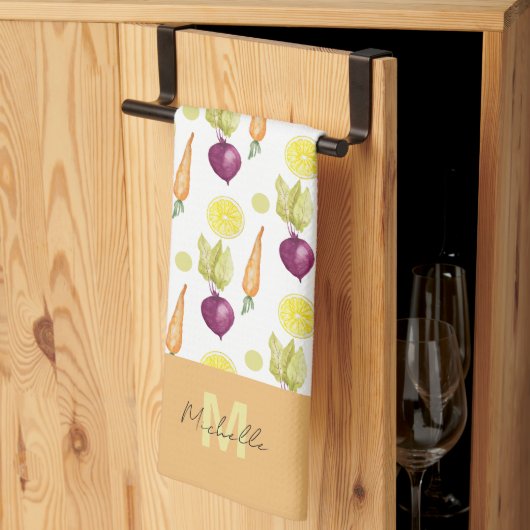 かわいいビーツレモンとニンジンの水彩模様 キッチンタオル (三つ折り)