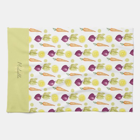 かわいいビーツレモンとニンジンの水彩模様 キッチンタオル (横)