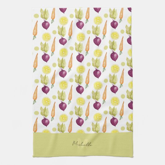 かわいいビーツレモンとニンジンの水彩模様 キッチンタオル (縦)