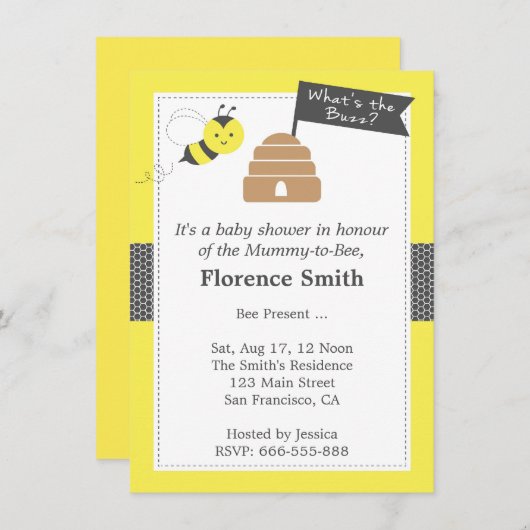 かわいいビーテーマ赤ちゃんシャワー黄色と濃い灰色 招待状 (正面/裏面)
