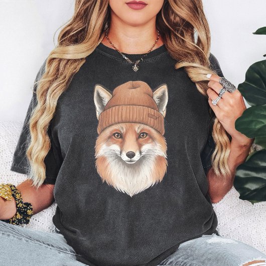 かわいいビーニーを被った狐のグラフィック Tシャツ