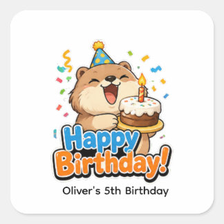 かわいいビーバーとケーキのカスタム誕生日パーティーファバースティッカー スクエアシール