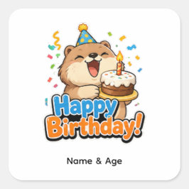 かわいいビーバーとケーキのカスタム誕生日パーティーファバースティッカー スクエアシール